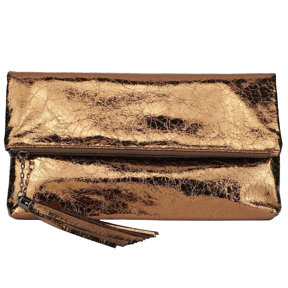 4457 Metallic Foldover Clutch Purse with Tassel Detachable Chain Zipper